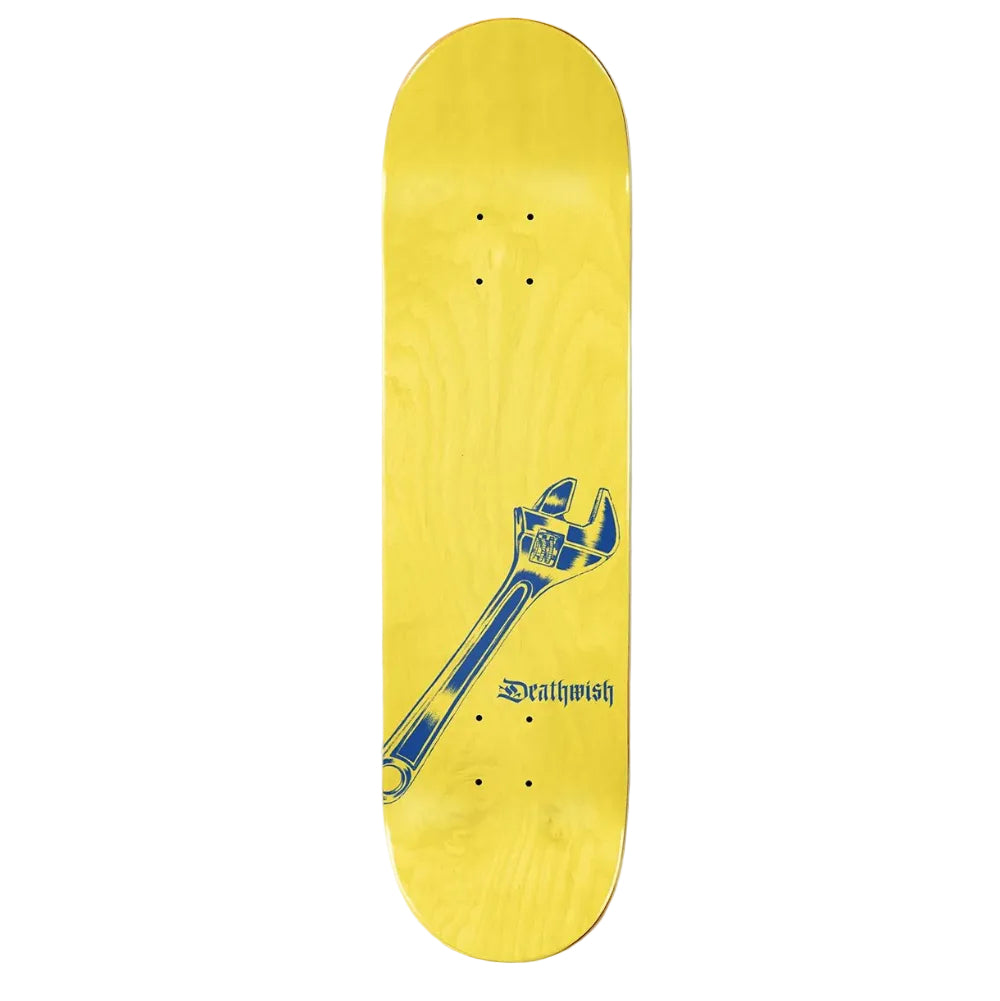 Yellow skateboard deck with blue wrench graphic and 'Deathwish' branding on a white background
