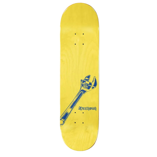 Yellow skateboard deck with blue wrench graphic and 'Deathwish' branding on a white background