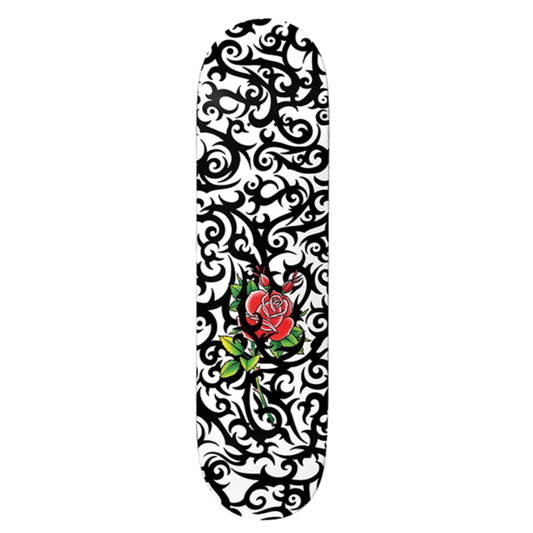 Skateboard deck with black floral pattern and red rose design on a white background