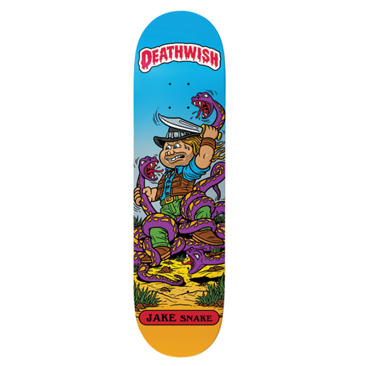 Skateboard deck with cartoon character and 'Deathwish' branding on a white background