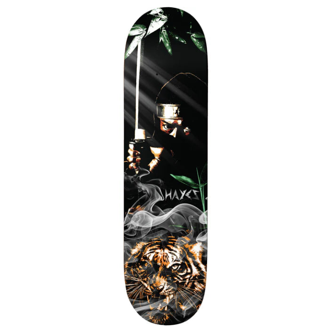 Skateboard deck with a ninja and tiger design on a black background