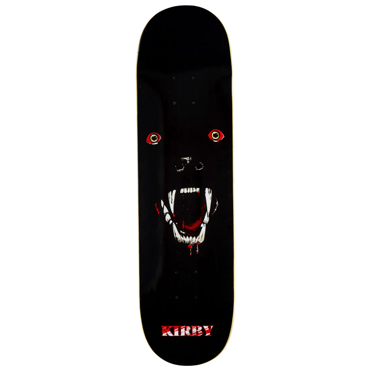 A black skateboard deck featuring a graphic of a snarling black bear face with red eyes and white fangs, with the brand name 'KIRBY' printed in red at the bottom.