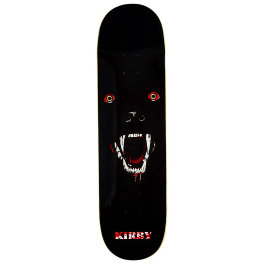 A black skateboard deck featuring a graphic of a snarling black bear face with red eyes and white fangs, with the brand name 'KIRBY' printed in red at the bottom.