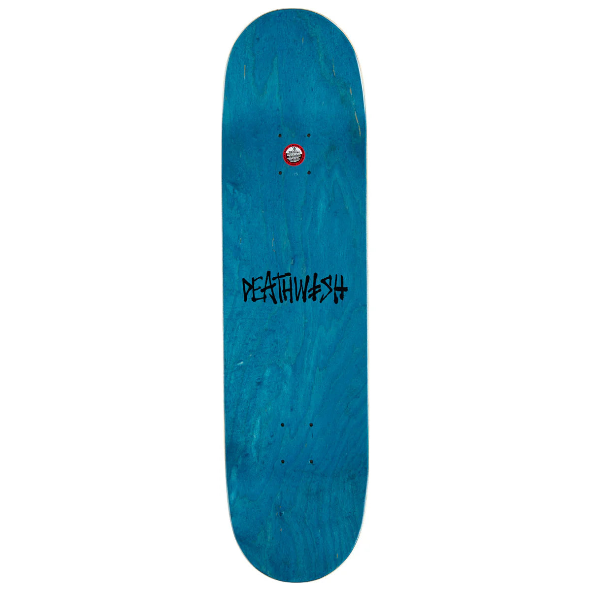 A blue skateboard deck with a black 'DEATHWASH' logo printed in the center, shown against a plain white background.