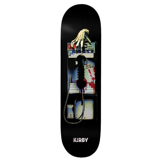 Skateboard deck with a graphic design featuring a hand and guitar, branded 'Kirby'.
