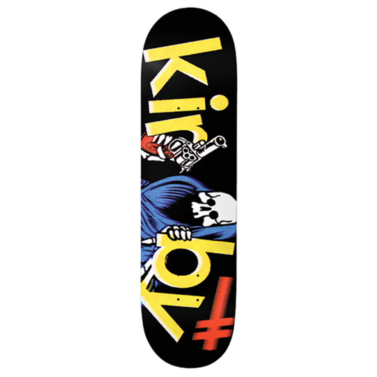 Skateboard deck with colorful graphics and text on a white background