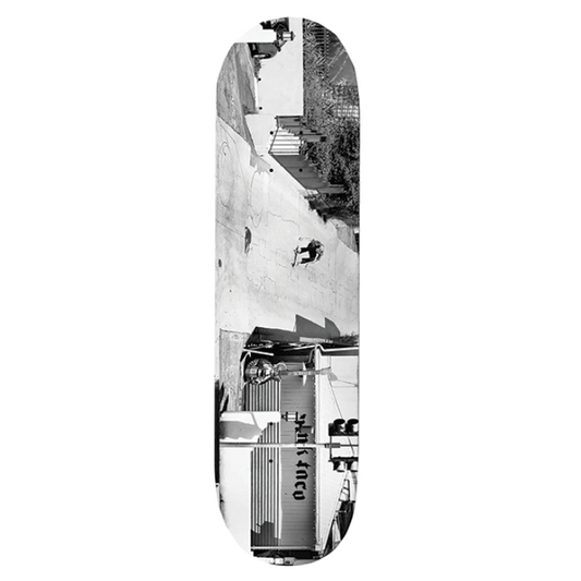 Skateboard deck with black and white graphic design on a white background