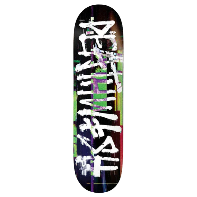 Skateboard deck with colorful abstract design and text on a white background