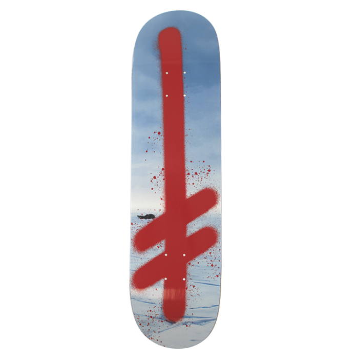 Skateboard deck with a red symbol on a white background