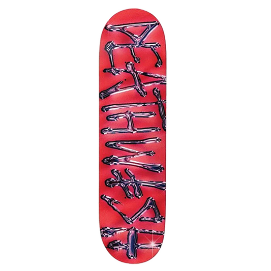 Skateboard deck with black skeleton design on a red background