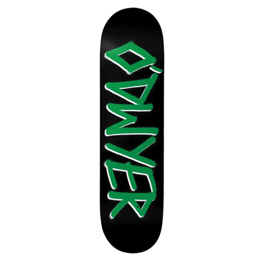 Skateboard deck with green and white text on a black background
