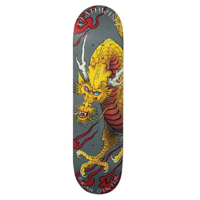 Skateboard deck with a dragon design on a gray background