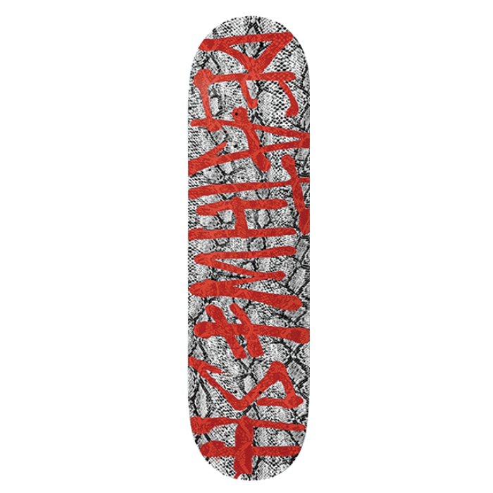 Skateboard deck with red text design on a white background