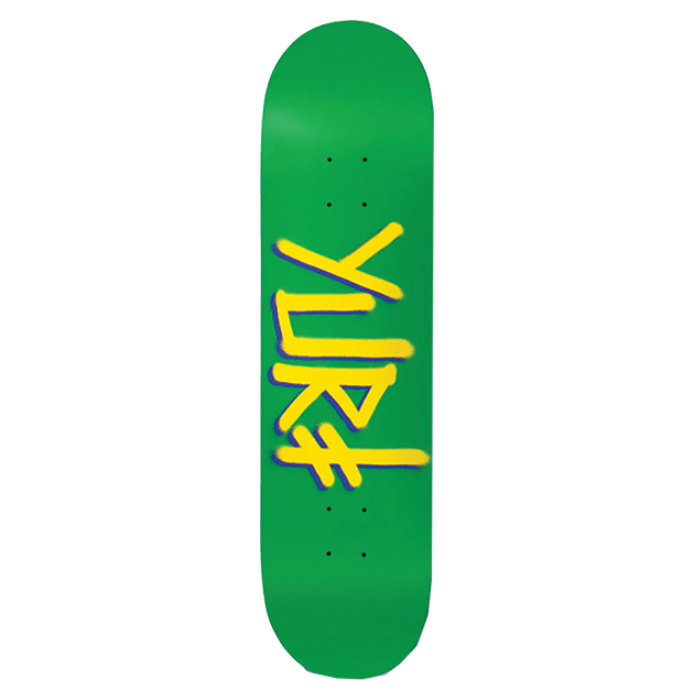 Green skateboard deck with yellow text on a white background