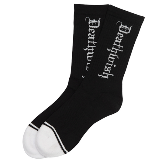 Black sock with white text on a white background
