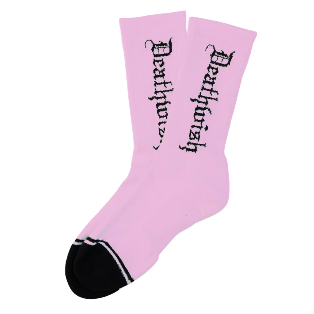 Pink socks with black text on a white background