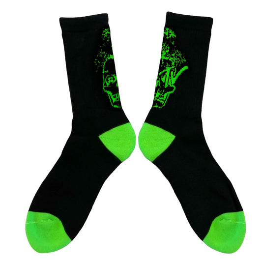 Black socks with green patterns and accents on a white background