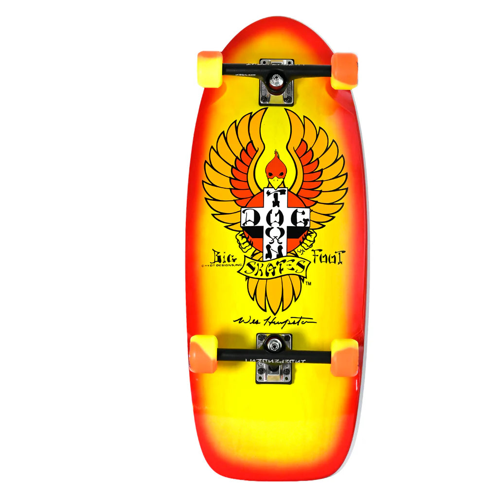 Skateboard deck with a fiery design and logo on a white background