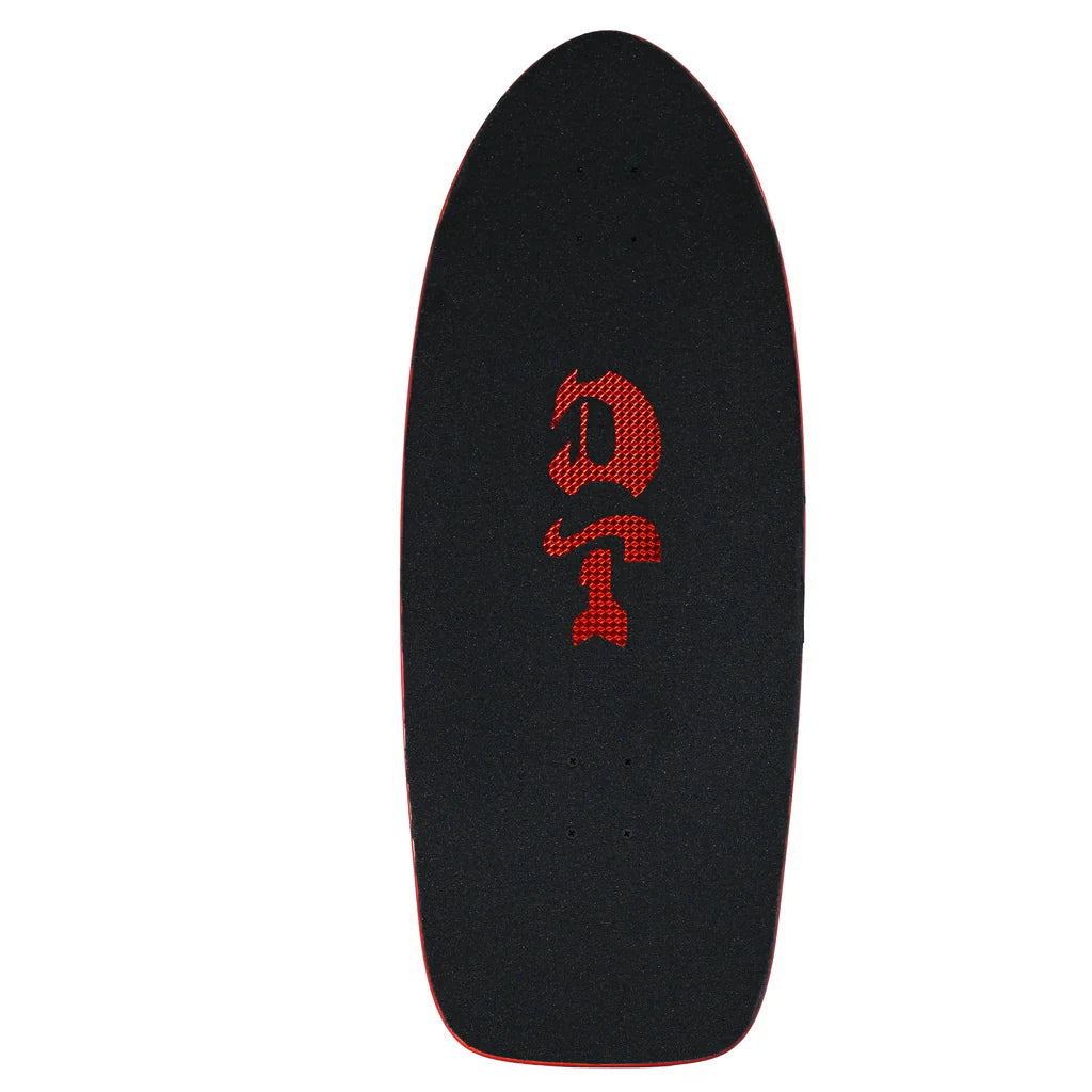 Black skateboard deck with red logo on a white background