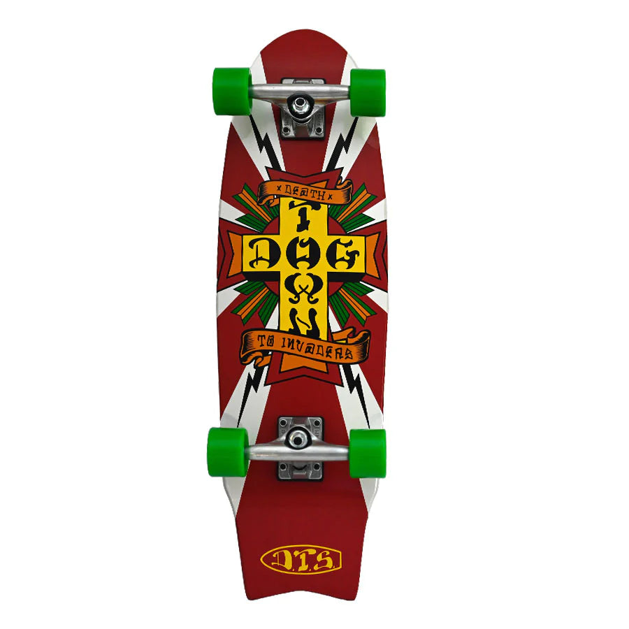 Skateboard with a red and white design on a white background