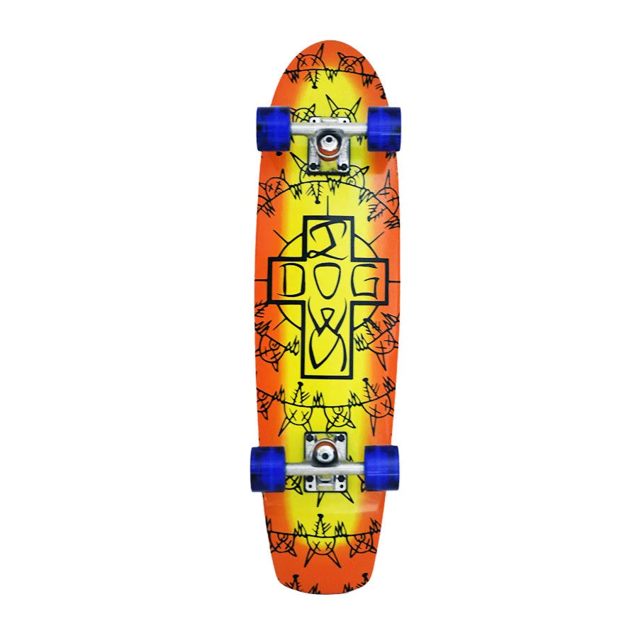 Skateboard with orange and yellow design on a white background