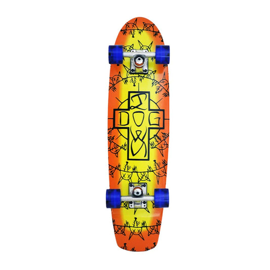 Skateboard with orange and yellow design on a white background