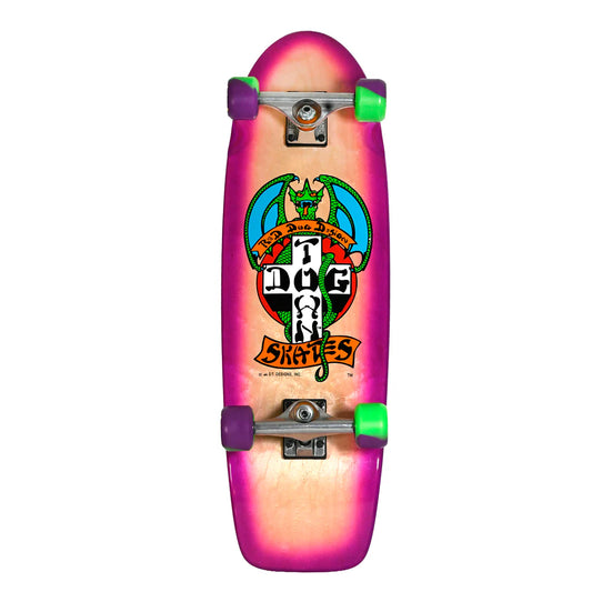 Skateboard with colorful design and brand logo on a white background
