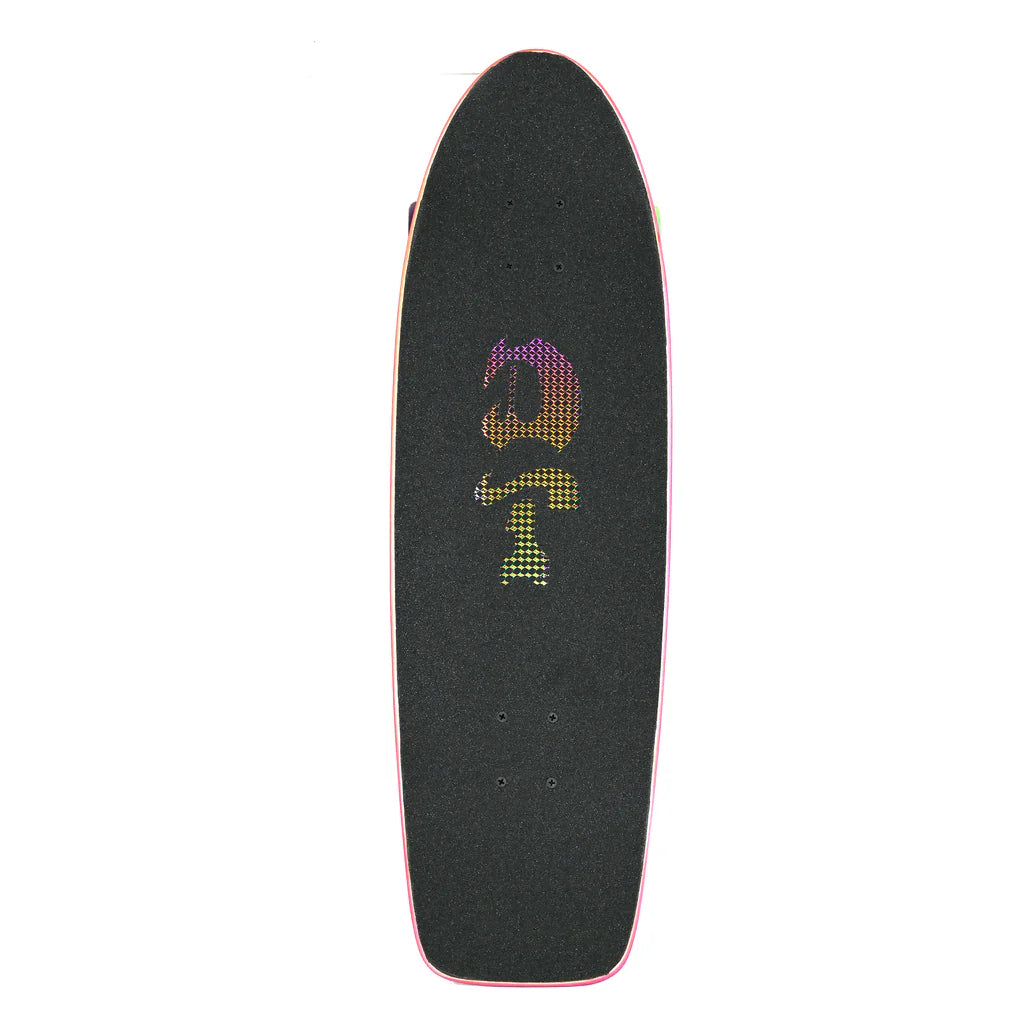 Black skateboard deck with colorful logo on a white background