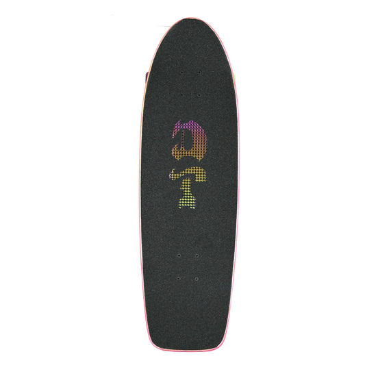 Black skateboard deck with colorful logo on a white background