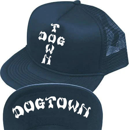 Navy blue trucker hat with 'Dogtown' text on a white background