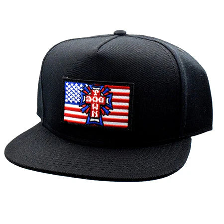 Black cap with American flag patch on a white background