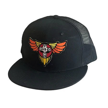 Black trucker cap with a colorful emblem on a white background