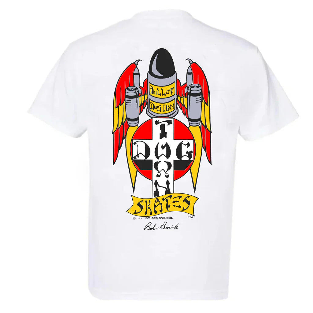 White t-shirt with a graphic design on the back featuring a bottle and text.