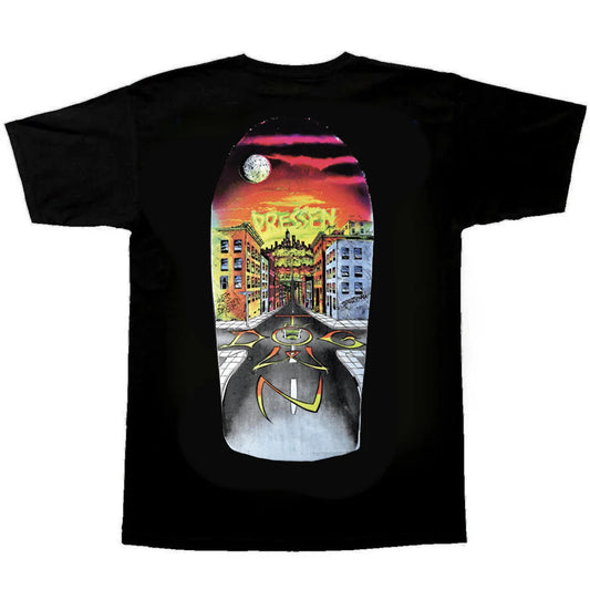 Black t-shirt with a colorful graphic design on a white background
