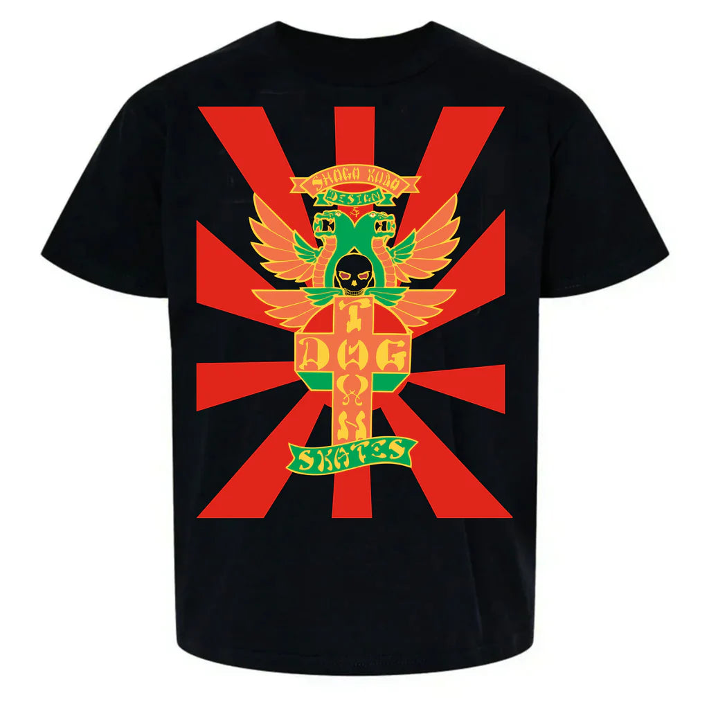 Black t-shirt with a red and yellow graphic design on a white background