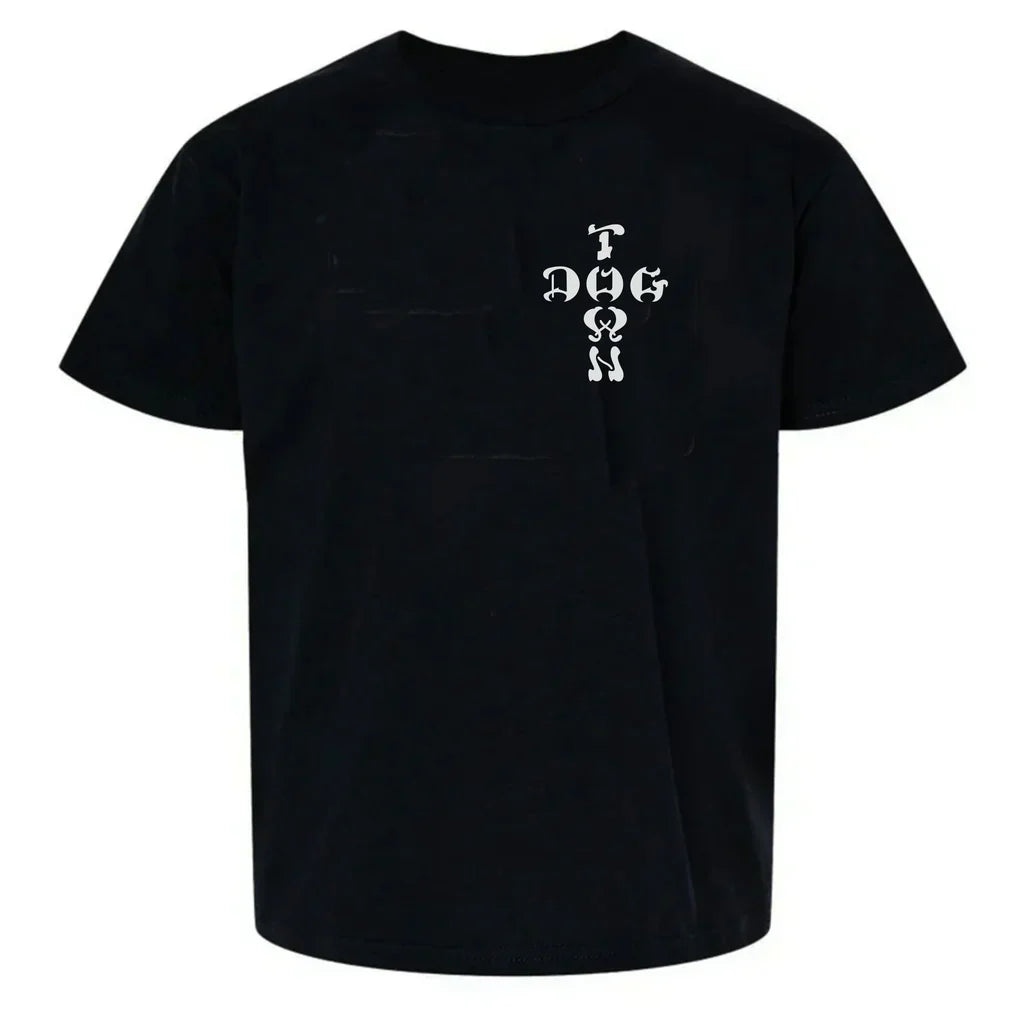 Black t-shirt with white text on a white background