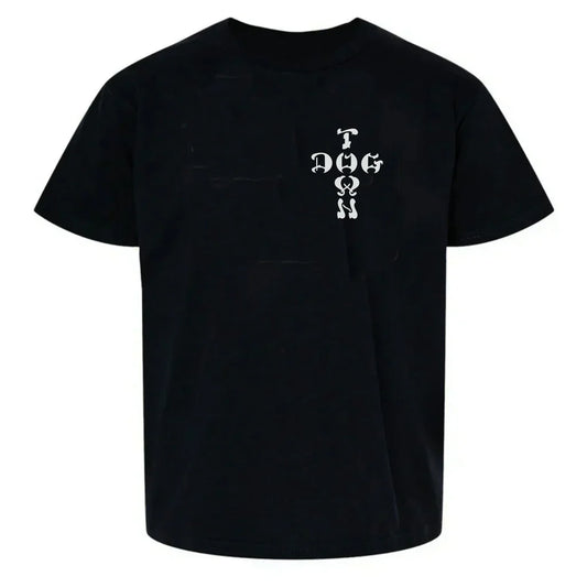 Black t-shirt with white text on a white background