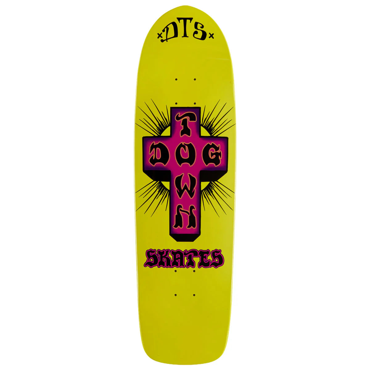 Yellow skateboard deck with a purple and black logo on a white background
