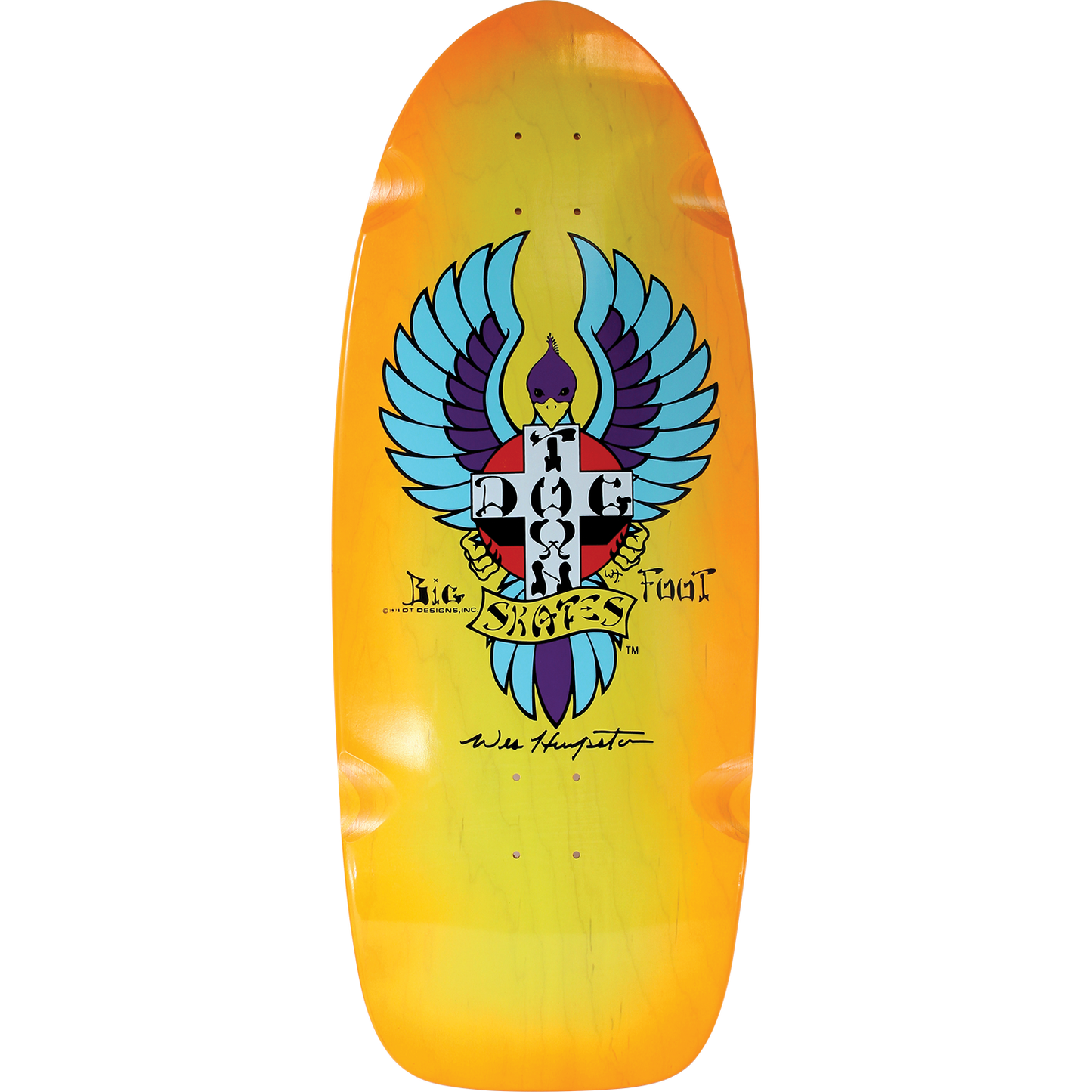 Skateboard deck with colorful design on a white background
