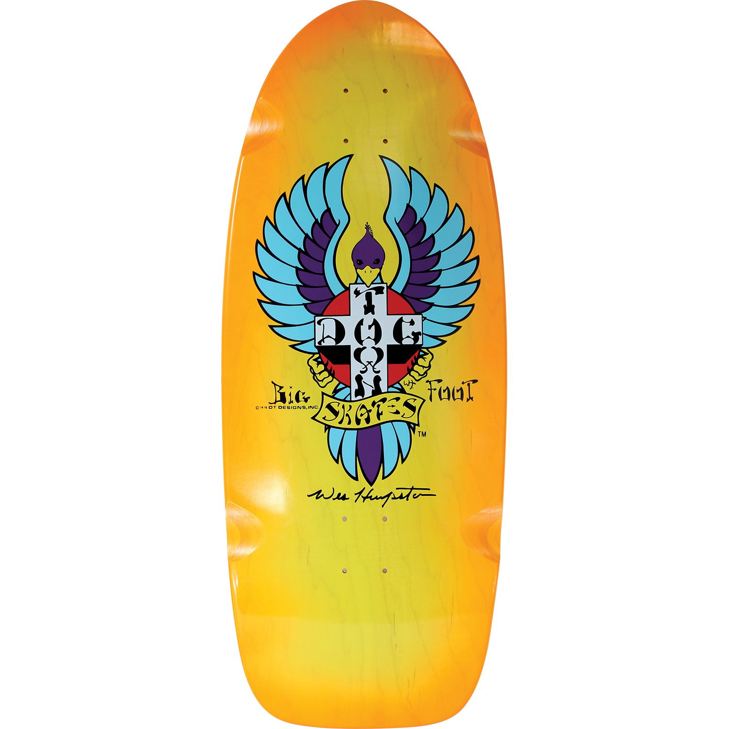 Skateboard deck with colorful design on a white background