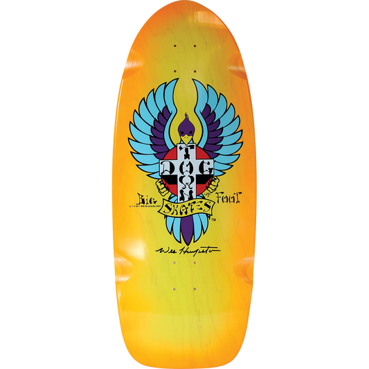 Skateboard deck with colorful design on a white background