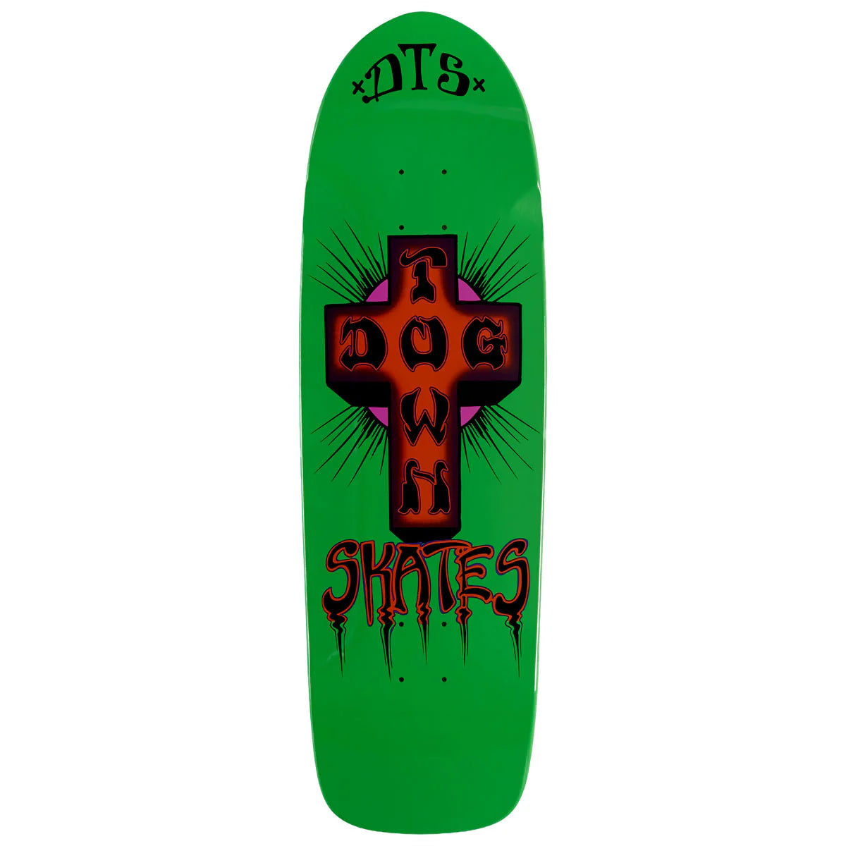 Green skateboard deck with a central brown cross design and 'A Dog's Skates' branding.