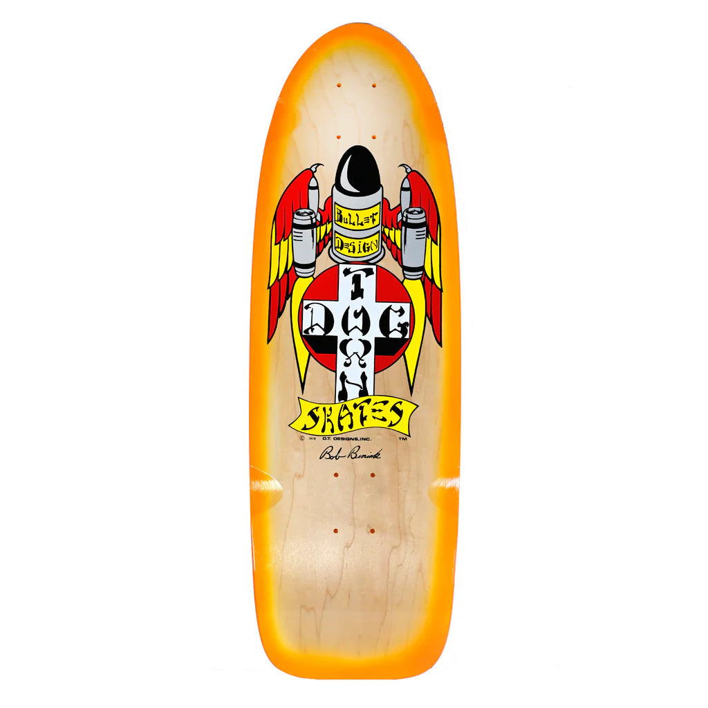 Skateboard deck with a colorful graphic design on an orange background