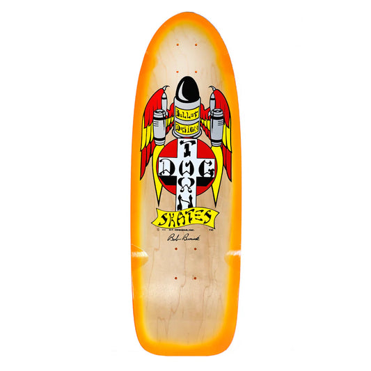 Skateboard deck with a colorful graphic design on an orange background