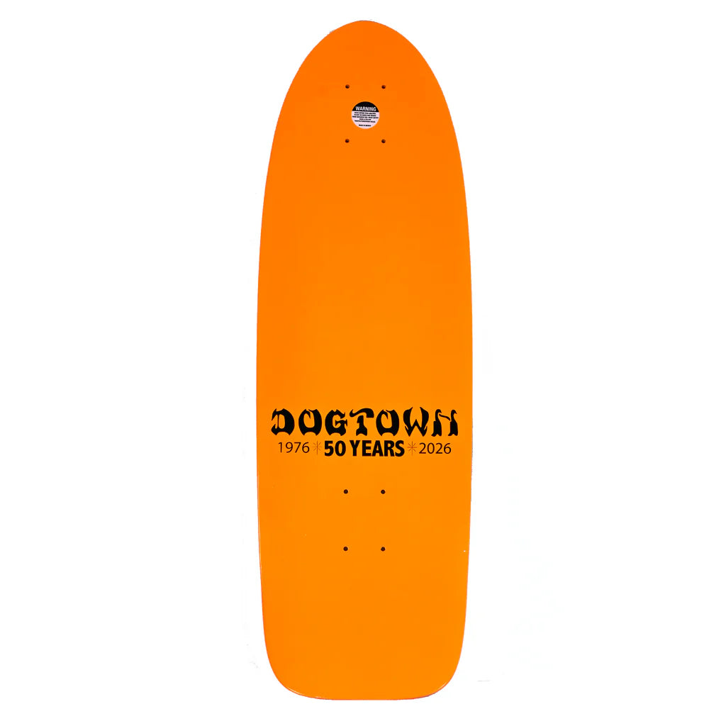 Orange skateboard deck with 'Dogtown' branding on a white background