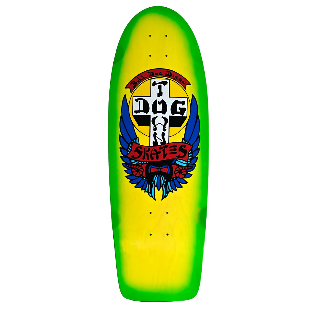 Skateboard deck with a colorful graphic design on a white background