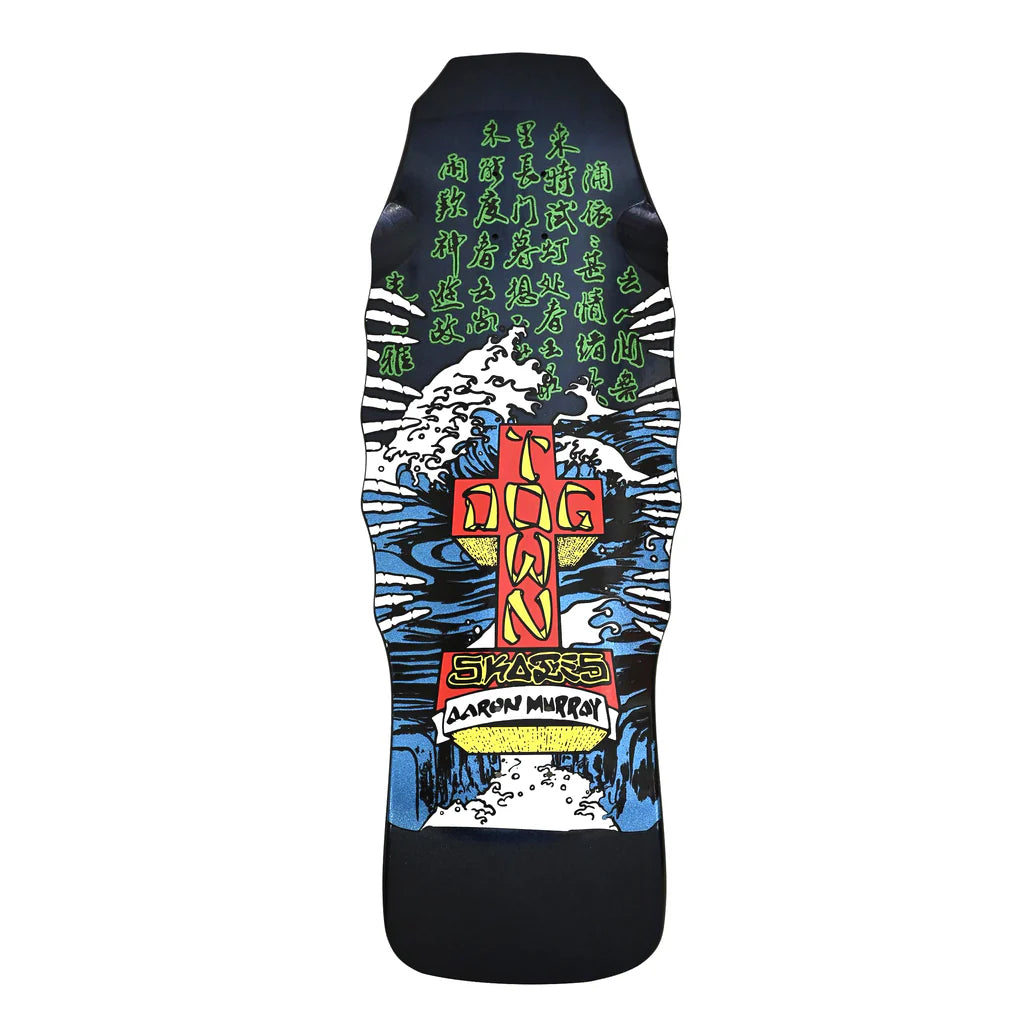 Skateboard deck with colorful design and text on a white background
