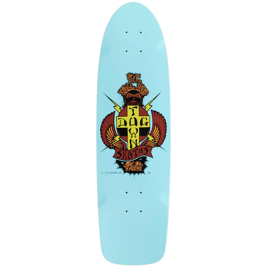 Skateboard deck with a colorful graphic design on a light blue background