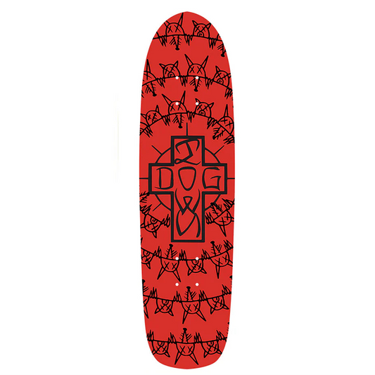Red skateboard deck with black geometric pattern and 'Dog' logo on a white background