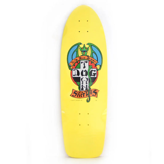 Yellow skateboard deck with colorful graphic design on a white background